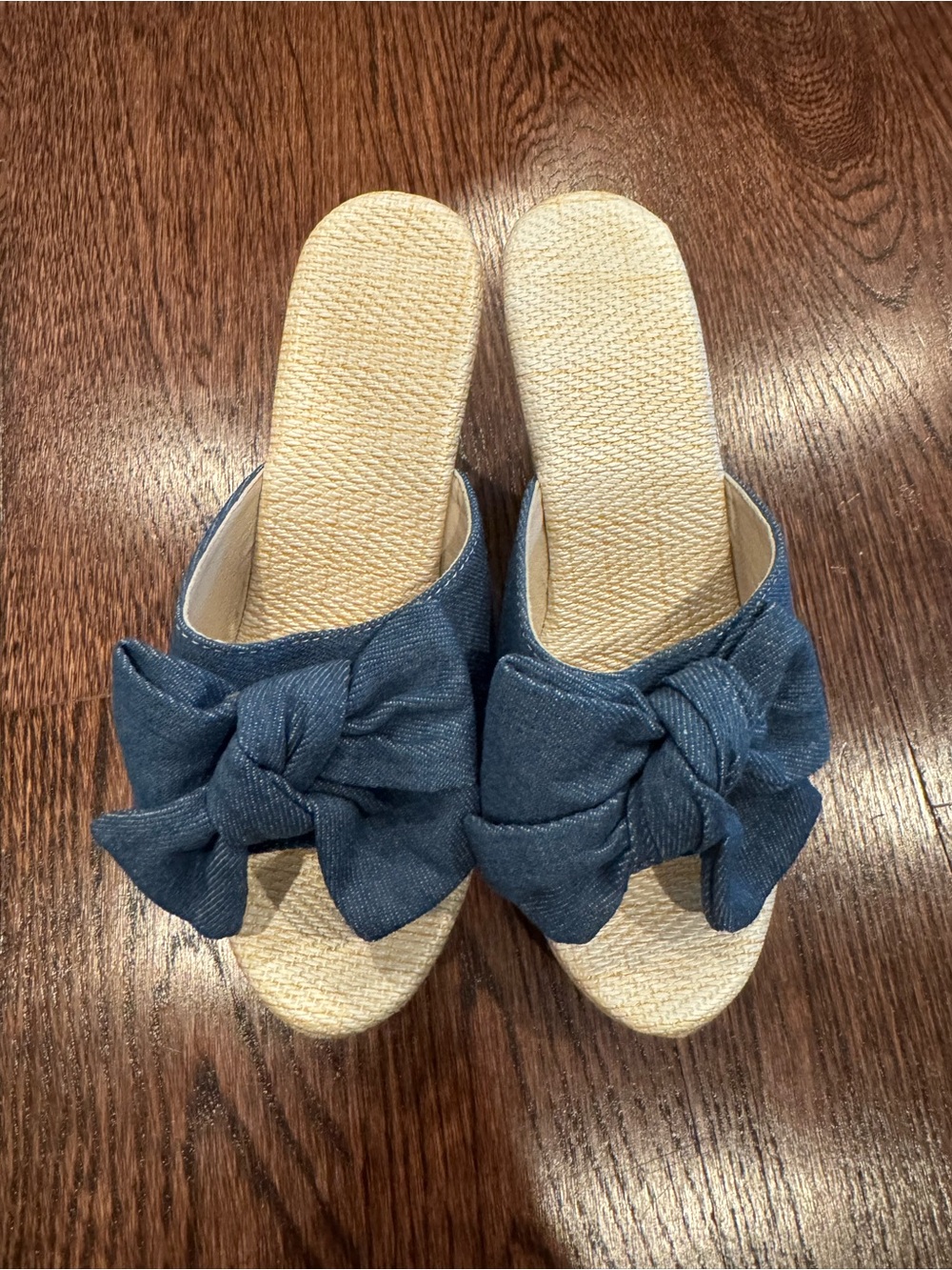 SHEIN Denim Blue Bow Wedge Slides